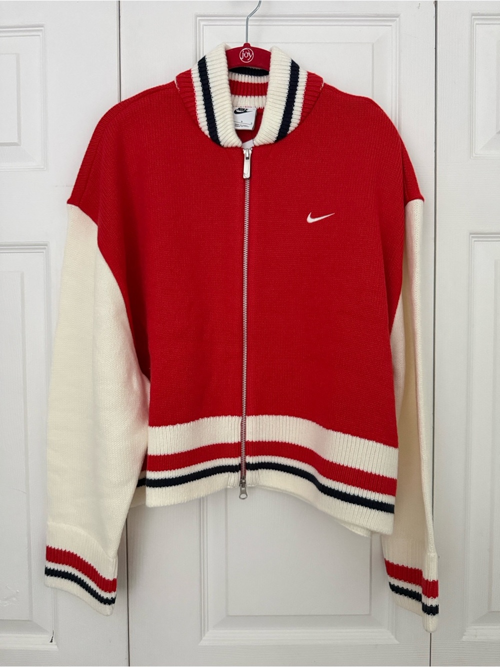 Nike Red and Cream Women's Varsity Zip Sweater Jackety Size L NWT